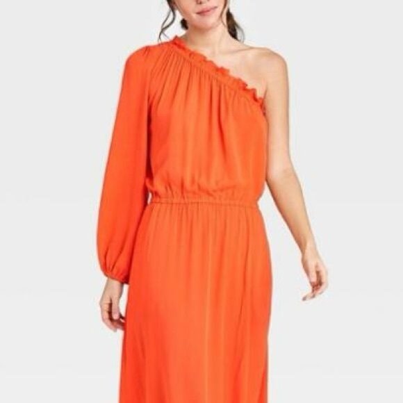Who What Wear Orange One Shoulder Midi Dress, XS - Picture 3 of 8